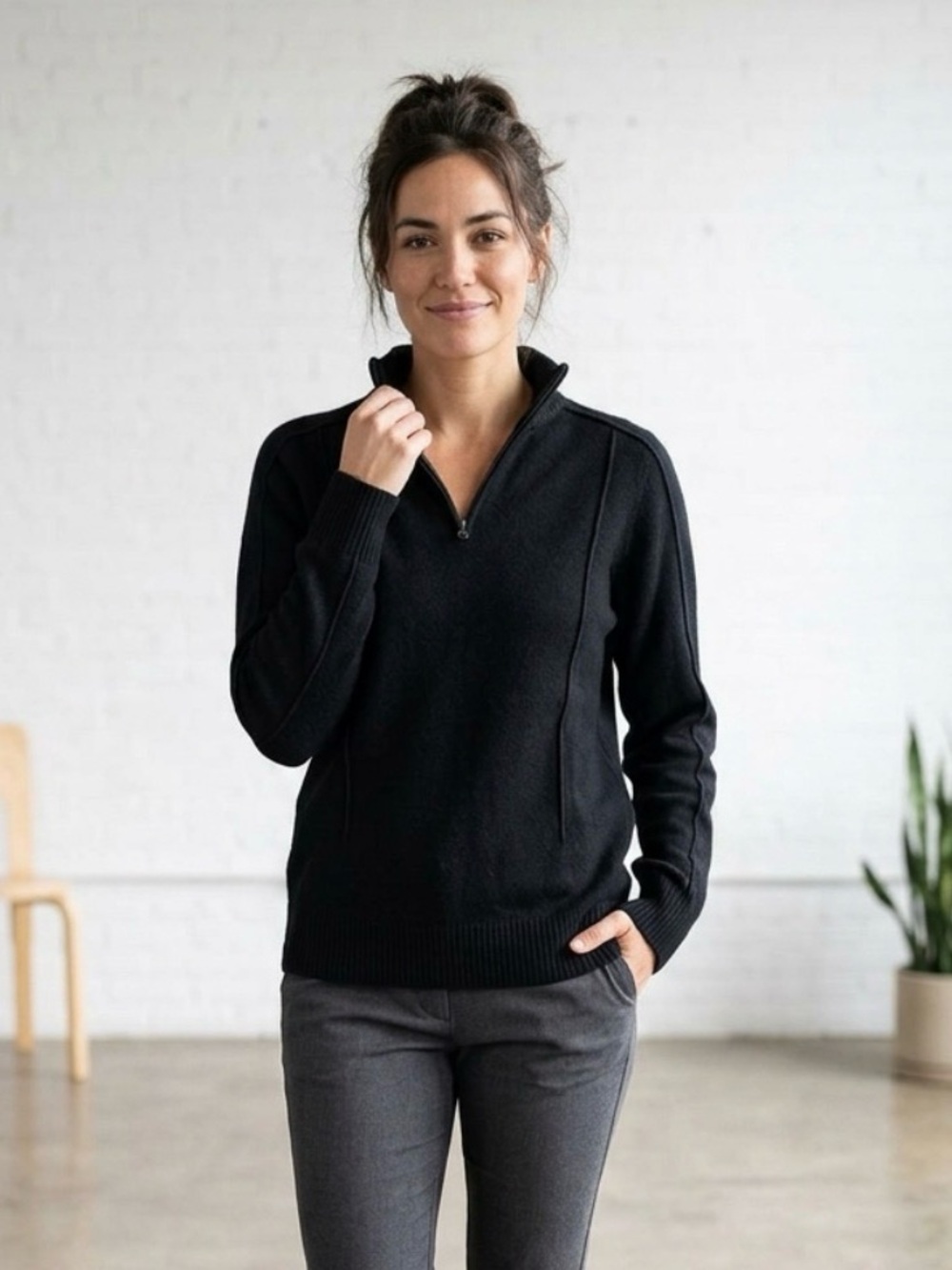 Patrick Assaraf Black Quarter-Zip Merino Wool Sweater